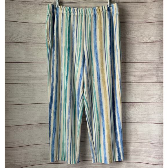 Susan Graver Blue Beige Striped Crop Wide Leg Pants or Capris Pockets Size M - Picture 1 of 12